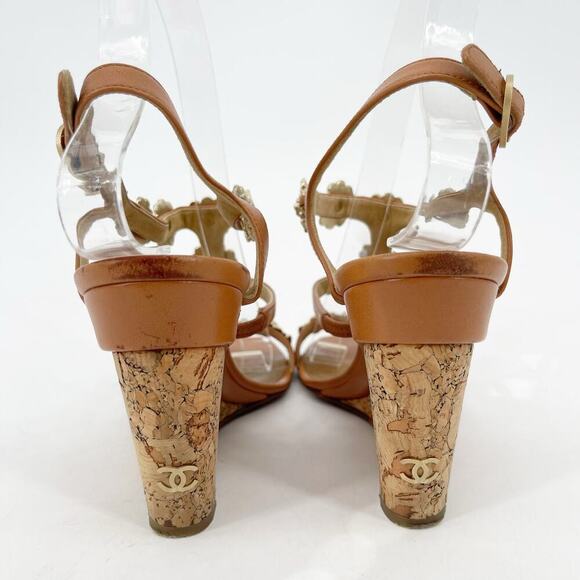 Chanel EU 37 2012 Cruise Tan Leather Camellia Flower T-Strap Cork Wedge Sandals - Picture 9 of 16